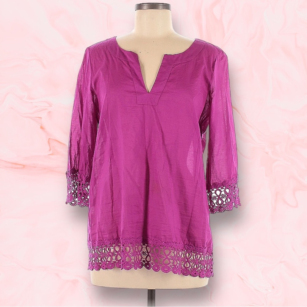 Ann Taylor Boho Crochet V-Neck Tunic Top, Size M, Pink